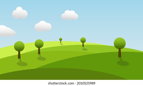 landscape cartoon scene with trees green grass on hill and white cloud in summer blue sky background with copy space. vector illustration