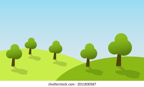 landscape cartoon scene with trees green grass on hill in summer blue sky background with copy space. vector illustration