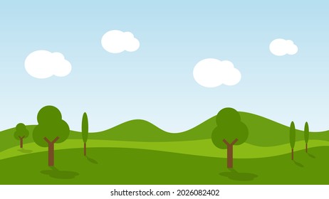 landscape cartoon scene with trees green grass on hill and white cloud in summer blue sky background. vector illustration