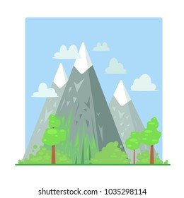 Landscape in cartoon style. Vector illustration. Mountains and trees against the sky