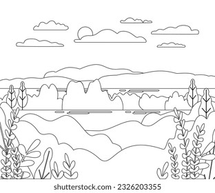 Ilustración vectorial de dibujos animados paisajísticos. Panorama de diseño gráfico con naturaleza, montaña, colina, árbol, cielo, nube, sol. Concepto de fondo abstracto de estilo rural para medios sociales, historias, publicaciones