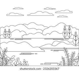 Landschaftskarikatur, Vektorgrafik. Grafisches Design-Panorama mit Natur, Berg, Hügel, Baum, Himmel, Wolke, Sonne. Abstrakter Hintergrund im ländlichen Stil, dünner Linienkonzept für soziale Medien, Geschichte, Post