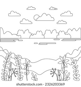 Landscape cartoon vector illustration. Graphic design panorama with nature, mountain, hill, tree, sky, cloud, sun. Countryside style abstract background thin line concept for social media, story, post