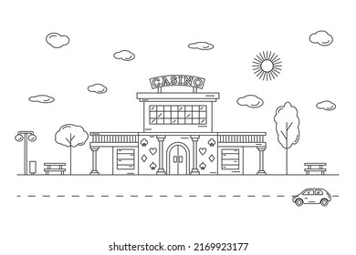 Landscape with a casino building drawn with contour lines on a white background. Editable stroke. Vector illustration in line art style.