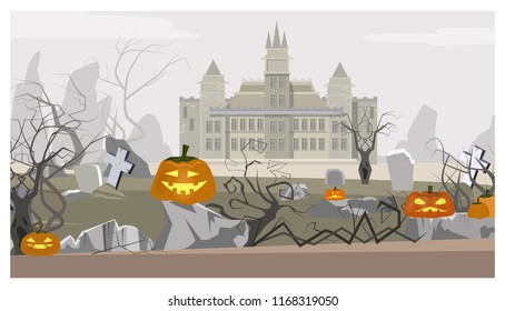 Landscape with castle, cemetery and pumpkins vector illustration. Mystery background. Halloween concept. For websites, wallpapers, banners or posters