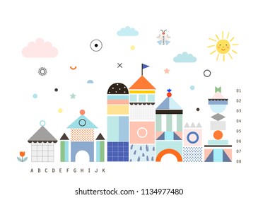Landscape with castle. Cute and fun poster for kids. Baby room decor. Vector