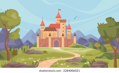 Paisaje con castillo y naturaleza, montañas y vegetación. Vista histórica o atracción arquitectónica, turismo. Palacio real de cuento de hadas vectorial en ilustración de caricatura plana