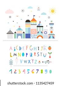 Landscape with castle plus Hand Drawn Artistic Alphabet. Cutout letters. Cute and fun poster for kids. Baby room decor. Vector