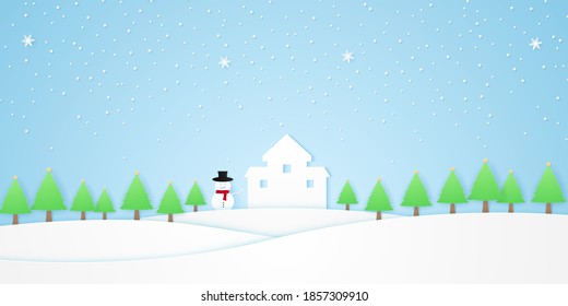 landscape, castle with snowman, trees with star and snow falling in winter season, white hill, paper art style