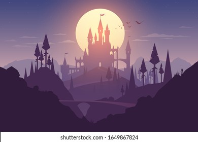 Landscape with castle and sunset illustration