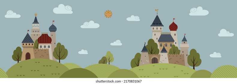 Landscape with castles and fields. Vector seamless illustration in medieval style. Can be used for decorating a children's room, for printing on wallpaper, postcards, books, packaging.