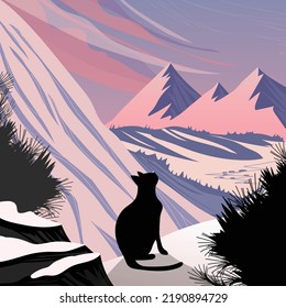 Landscape with cat on snow hilltop background. Vector illustration.