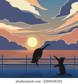 Landscape with a cat playing near the ocean. Vector illustration.