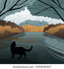 Landscape with a cat walking on the road. Vector illustration.