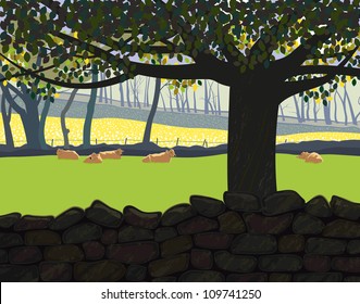 Landscape with cattle. Summer scene viewed from the shade of a leafy tree across a natural meadow of fresh green grass. Rustic stone wall in the foreground.