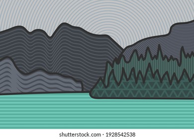 landscape cave and lake with psyhcedelic style vector art