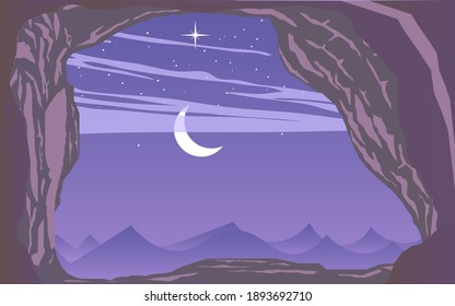 landscape of cave in the night in flat design