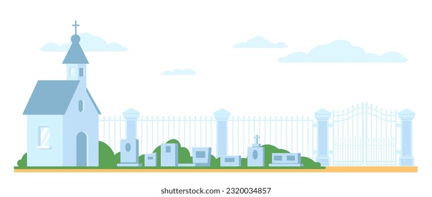 Landscape of cemetery with tombstones. Fence gates. Christian church building. Gravestone memorial monuments. Graveyard enclosure. churchyard scenery. Temple and tombs