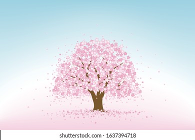 Landscape with cherry blossoms falling in the blue sky