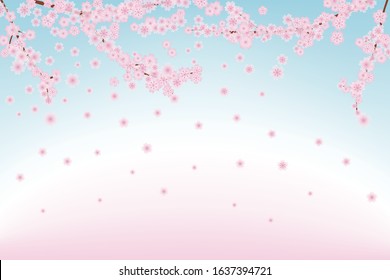 Landscape with cherry blossoms falling in the blue sky