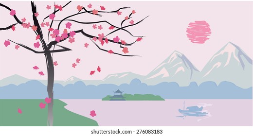 Landscape with cherry blossoms, cherry on a background of a sunset, the mountains and the lake, the boat, temple, vector illustration
