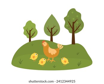 Paisaje con pollo, gallina y pollitos. Primavera, motivo de verano. Motif de Pascua. Ilustración vectorial, dibujos animados, estilo plano. 