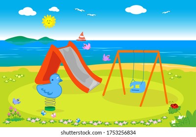 Landschaft mit Kinderspielplatz an der Küste, Vektorgrafik 