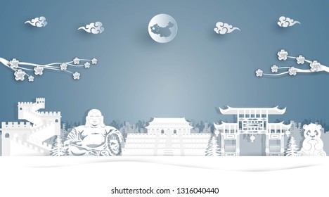 landscape of China and Landmarks on paper cut style. vector illustration