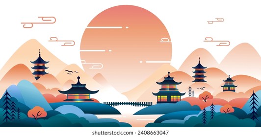 landscape china mountain with old building vector style