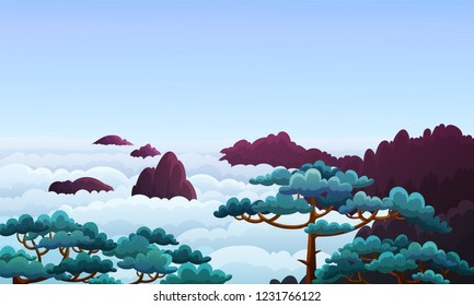 Landscape of china mountains with sea of clouds and green trees. Dusk scene with violet color. Vector illustration.