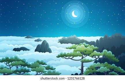 Landscape of china mountains with sea of clouds and green trees. Night scene with moon and stars. Vector illustration.