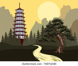 Landscape with a Chinese monastery on the background of mountains