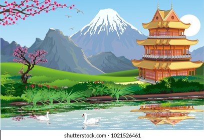 Landscape - Chinese Palace on the lake. Swans on the lake. Cherry blossoms. Beautiful mountain range on the horizon. Vector illustration