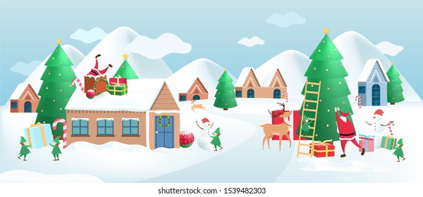 Landscape of christmas city with santa claus, reindeer, elf. Decorate christmas tree.