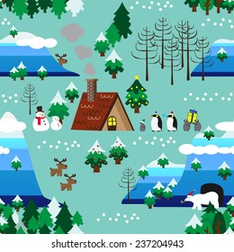 Landscape of Christmas theme in map style seamless pattern close up