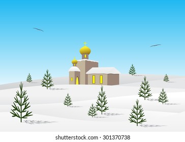  landscape, church and fir-trees