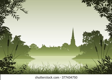 Landscape with Church and Floral Border and Leaves
