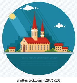 Landscape church on the background of the city. Flat vector illustration