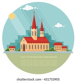 Landscape church on the background of the city. Flat vector illustration