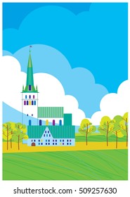 Landscape with a church. Vector illustration