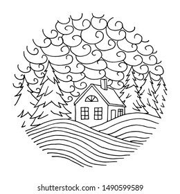 Landscape in a circle drawn by lines, a house in the forest between the Christmas trees.