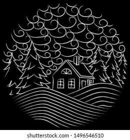 Landscape in a circle drawn by lines, a house in the forest between the Christmas trees.