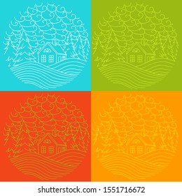 Landscape in a circle drawn by lines, a house in the forest between the Christmas trees. Four Seasons.