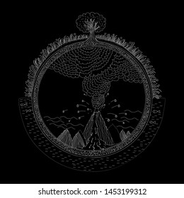 The landscape in a circle drawn on a black background with white lines. A tree with fruits on top, a volcano climbing inside, and water with fish below.