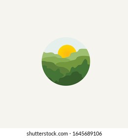 Landscape in circle with green forests and sun
