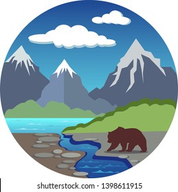 Landscape in a circle, mountains, forest, bear by the river, vector