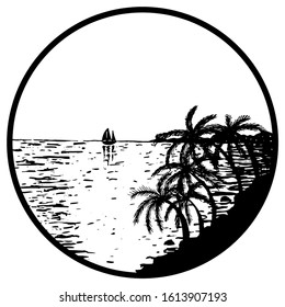 Landscape in a circle, palm trees, sea, ship and sky. Sketch drawing.