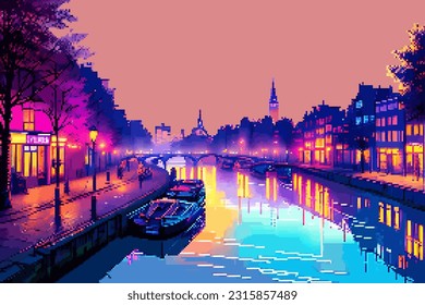 Landscape city  8bit pixel art. Summer natural landscape urban scenery arcade video game background
