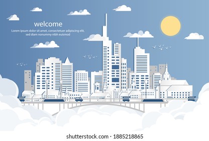 Landscape City Above In The Sky, Papercut Background And Style Flat Illlustration