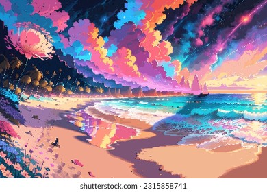 Landscape city beach 8-bit pixel art. Abstract Summer natural landscape urban scenery arcade video game background